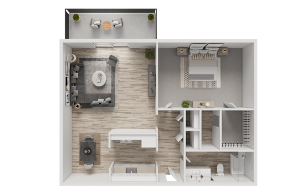 A 3D floor plan of a small apartment with a kitchen, living room, and bathroom  at Whisperwood, Seattle
