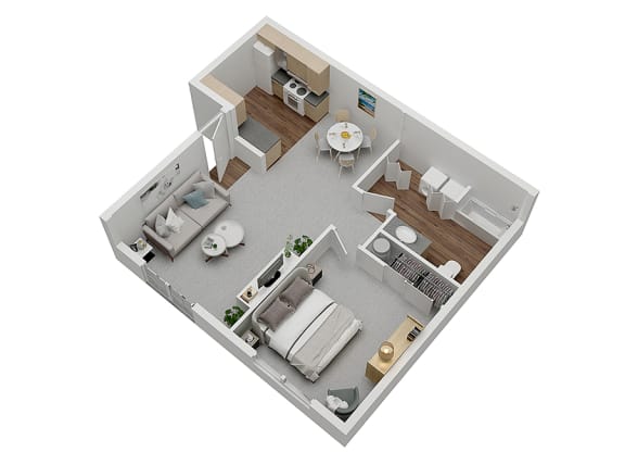 1 bedroom 1 bath downstairs floorplan at Devonwood and First Place Apartments, Battle Ground, WA