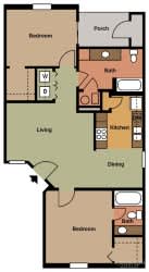 A floor plan of a house with a living room, dining room, kitchen, two bedrooms, a bathroom, and a porch.