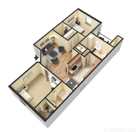 A 3D floor plan of an apartment with multiple rooms and furniture.