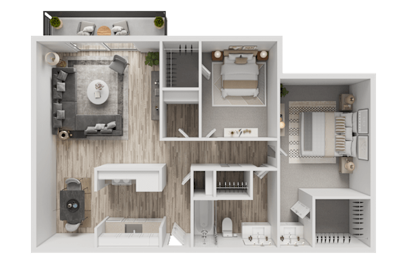 A 3D model of a house layout with various rooms and furniture  at Whisperwood, Seattle, WA 98168