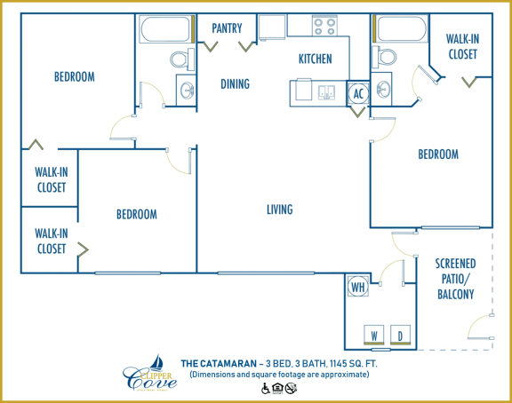 Three bedroom floor plan at Clipper Cove, Tampa, FL 33616