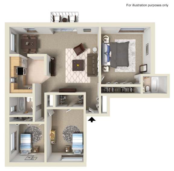 A 3D floor plan of a small apartment with a kitchen, living room, and bedroom.