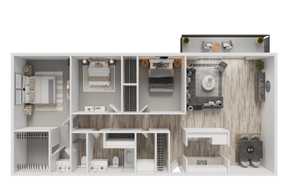 A 3D floor plan of a house with multiple rooms  at Whisperwood, Seattle, WA