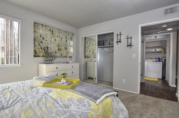Bedroom with closet at THE EDGE Apartments, DAVIS, CA 95618