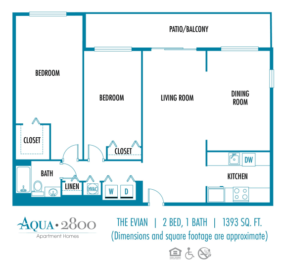 Two bedroom one bath floor plan at Aqua 2800, Florida