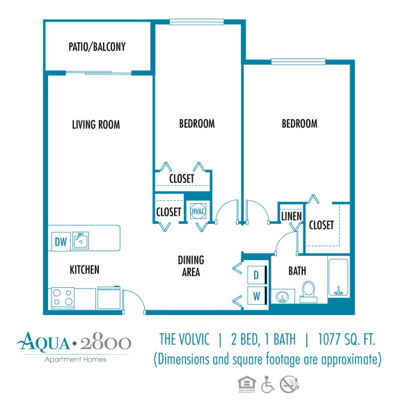 Two bedroom one bath floor plan at Aqua 2800, Oakland Park, FL 33309