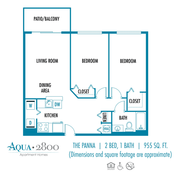Two bedroom one bath floor plan at Aqua 2800, Oakland Park