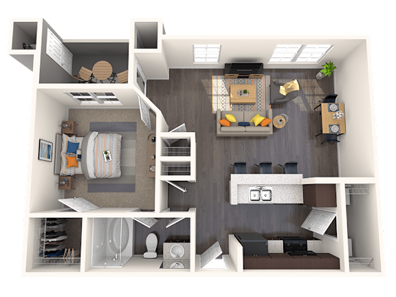 A 3D rendered image of a small apartment layout.