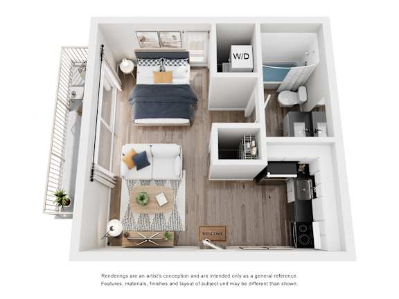 A top-down view of a small apartment with a kitchen, living room, and bedroom.