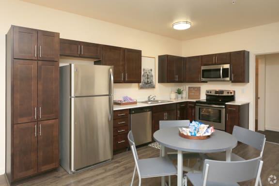 Chico CA Apartments-Cedar Flats Apartments Open Concept Kitchen With Stainless Appliances And Hardwood-Style Flooring