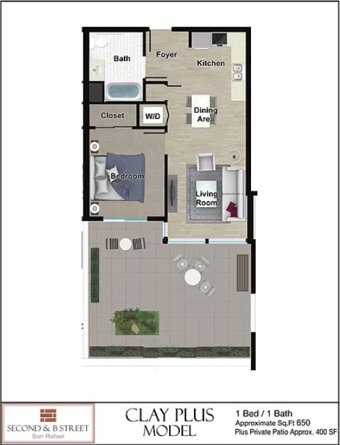 Clay plus 1 bedroom 1 bath floorplan with additional 400 square foot private balcony