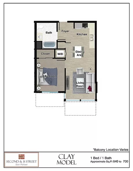 Floor Plan  Clay model 1 bedroom 1 bath floorplan
