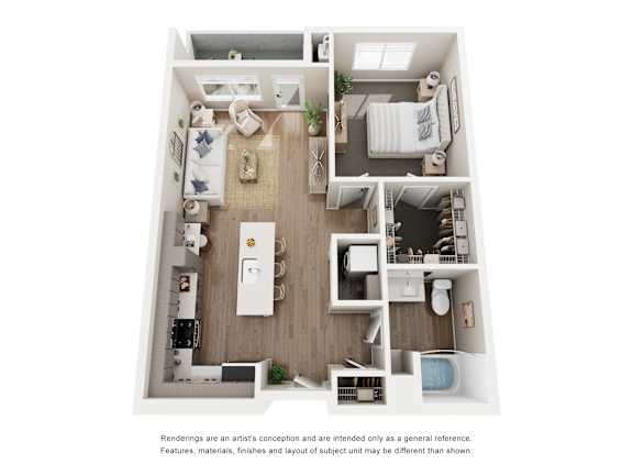 A floor plan of a house with a kitchen, living room, and bathroom.