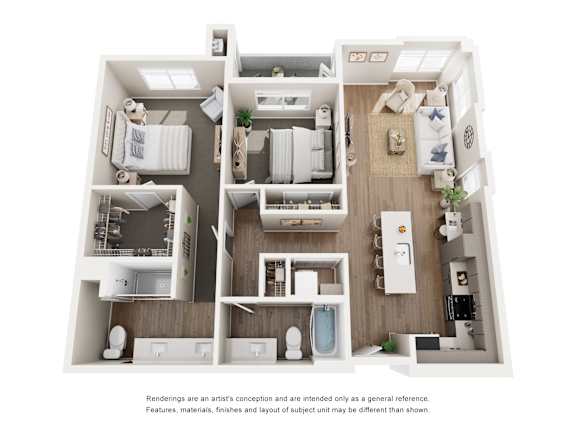 A floor plan of a house with a kitchen, living room, bedrooms and bathrooms.
