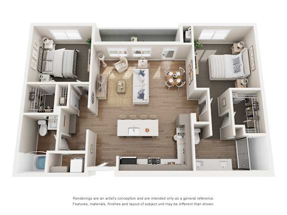 A 3D rendered image of a modern apartment layout.