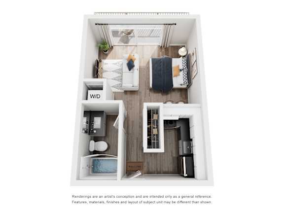 A top-down view of a small apartment with a kitchen, living room, and bathroom.