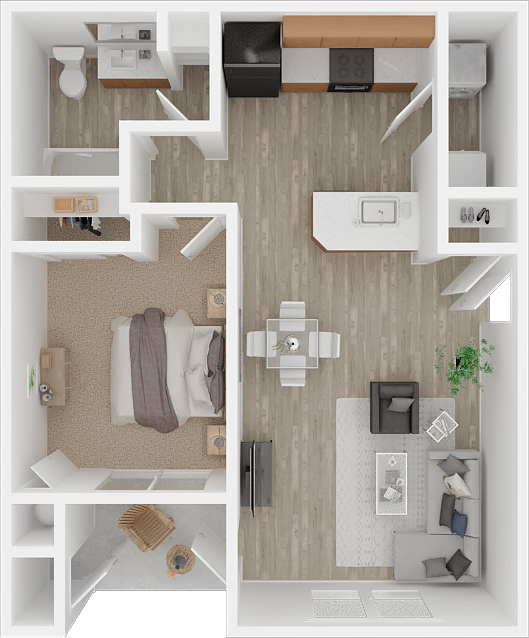 Floor Plan  A 3D floor plan of a small apartment with a kitchen, living room, and bedroom.