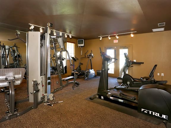 A gym with a variety of equipment including a treadmill, stationary bike, and weight machines.