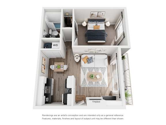 A top-down view of a small apartment with a kitchen, living room, and bedroom.