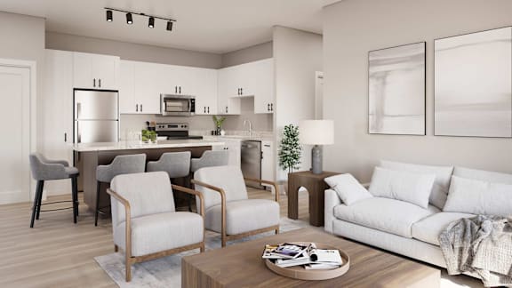 A modern living room with a dining area and a kitchen in the background at Ironwood Ranch Apartments,Maricopa,AZ