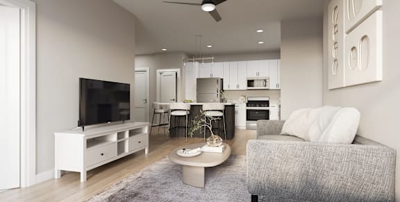 A modern living room with a grey sofa and a television at Ironwood Ranch, AZ, 85138