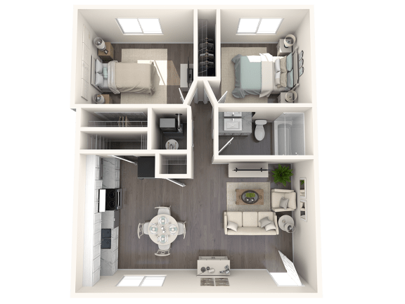 a 3d floor plan of a 2100 sq ft apartment at Mountain Run Apartments, Utah