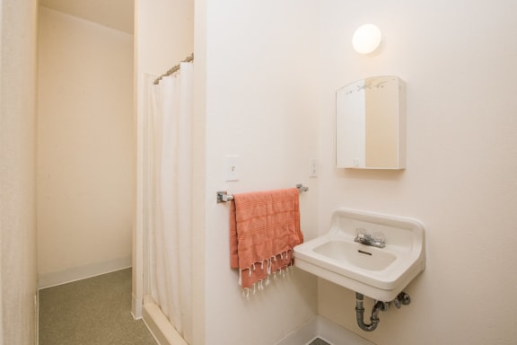 a bathroom with a sink and shower at MILEPOST 5 Apartments, PORTLAND, OR