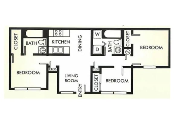 3 bed 2 bath floor plan at GARDENS AT PRYOR CREEK Apartments, Oklahoma, 74361