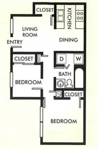 2 bed 1 bath floor plan at GARDENS AT PRYOR CREEK Apartments, Oklahoma