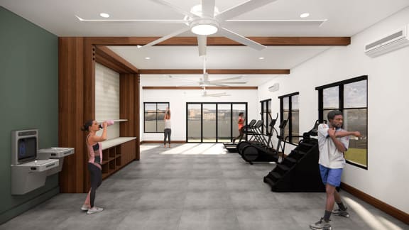 a rendering of a fitness room with people exercising