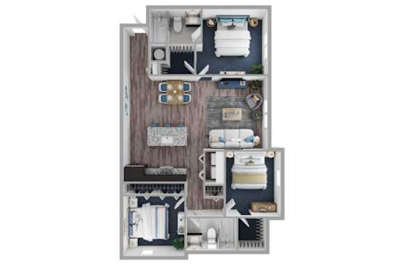 3Bed 2Bath Floor Plan at PALMETTO RIDGE Apartments, TITUSVILLE, FL