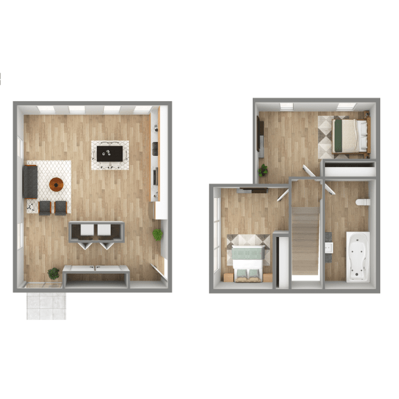 a bedroom and a living room are shown with different floor plans at Quail Run Apartments, Vancouver, 98684