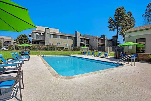 Pool with furnished sundeck