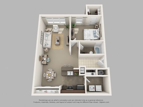 Floor Plan  A 3D floor plan of a small apartment with a kitchen, living room, and bathroom at The Villages on Millenia Apartments, Orlando