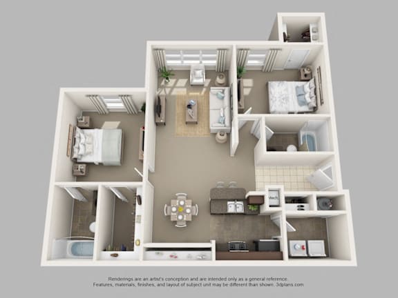 Floor Plan  A 3D floor plan of a house with a kitchen, living room, and two bedrooms at The Villages on Millenia Apartments, Orlando, FL, 32839