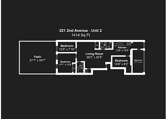 A black and white image of a floor plan for a 1414 square foot unit at 221 2nd Avenue.