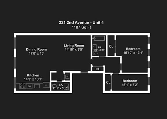 A black and white image of a floor plan for a 1187 square foot unit at 221 2nd Avenue.