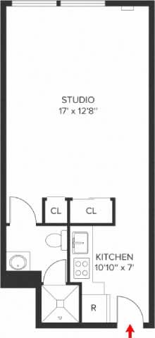 A floor plan of a studio apartment with a kitchen and a studio space.