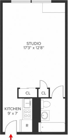 A floor plan of a studio apartment with a kitchen and a studio space.