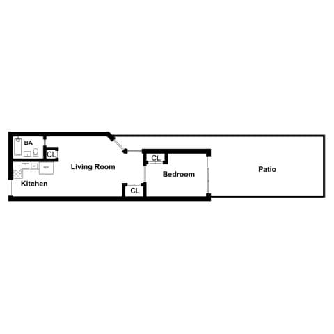 A floor plan of a home with a living room, bedroom, and patio.