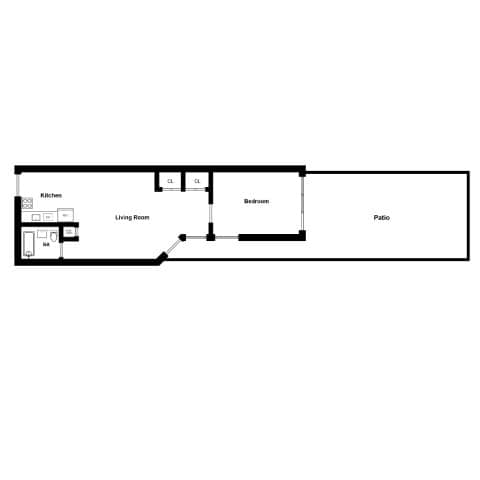 A floor plan of a house with a kitchen, living room, bedroom and patio.