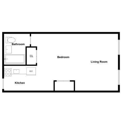 A floor plan of a small apartment with a kitchen, living room, and bedroom.