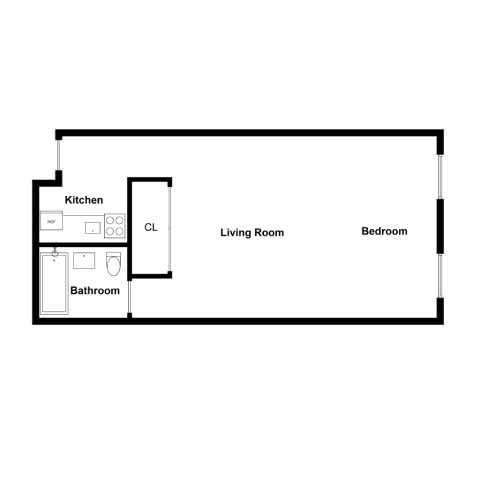 A floor plan of a small apartment with a kitchen, bathroom, living room, and bedroom.