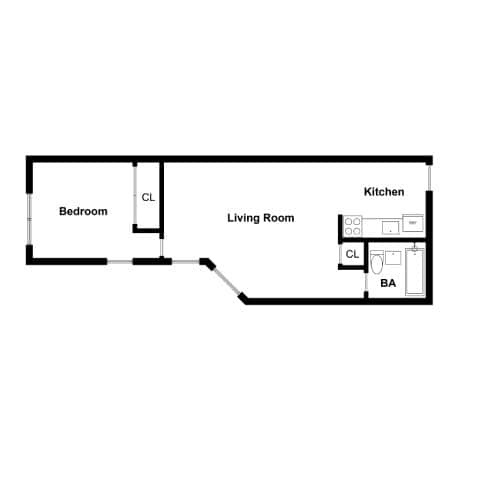 A floor plan of a living space with a bedroom, a living room, and a kitchen.