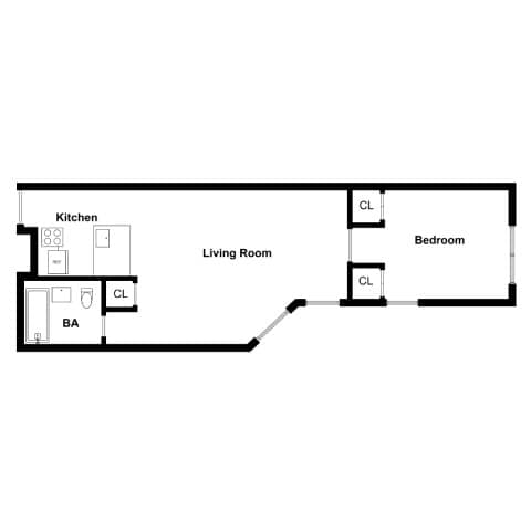 A floor plan of a small apartment with a kitchen, living room, and bedroom.