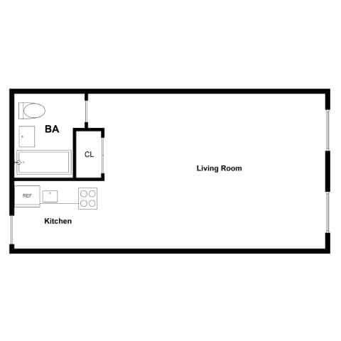 A floor plan of a living room and kitchen.