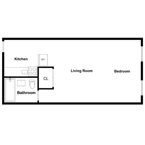 A floor plan of a small apartment with a kitchen, bathroom, living room and bedroom.