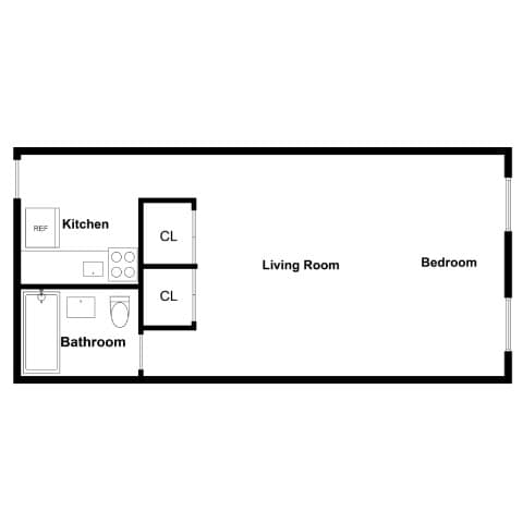 A floor plan of a living space with a kitchen, bathroom, and bedroom.