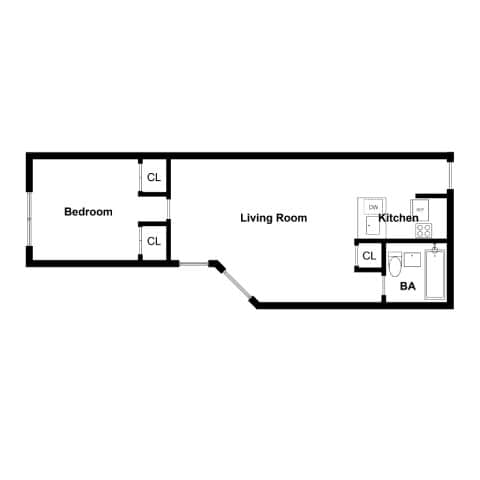 A floor plan of a living space with a bedroom and a kitchen.
